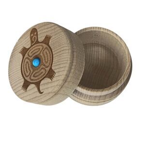Small Round Carved Wood Turtle Trinket  Ring Box Dreambox Turquoise Stone 1.5"